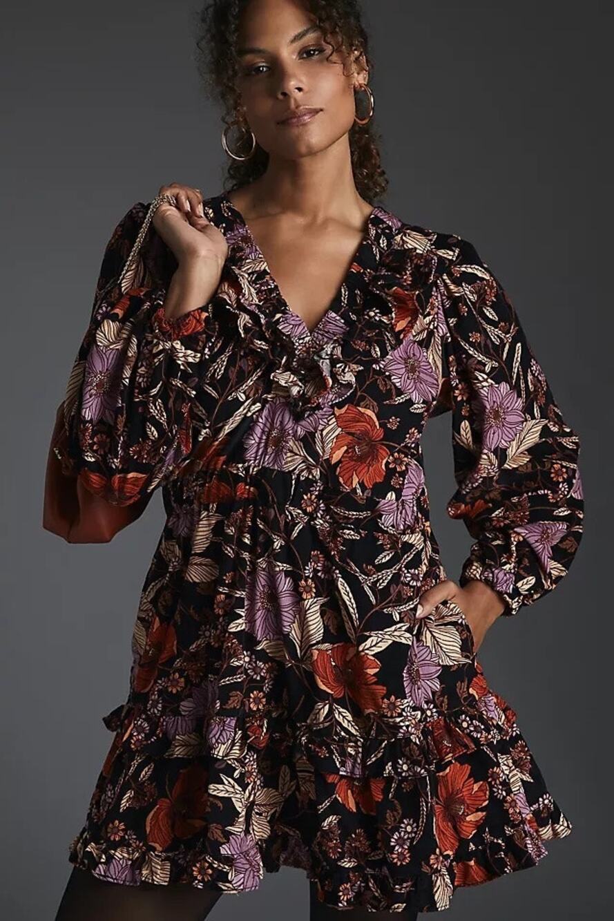 Pilcro Womens Floral Ruffle Tiered Corduroy Dress Small Cotton Boho Pockets
